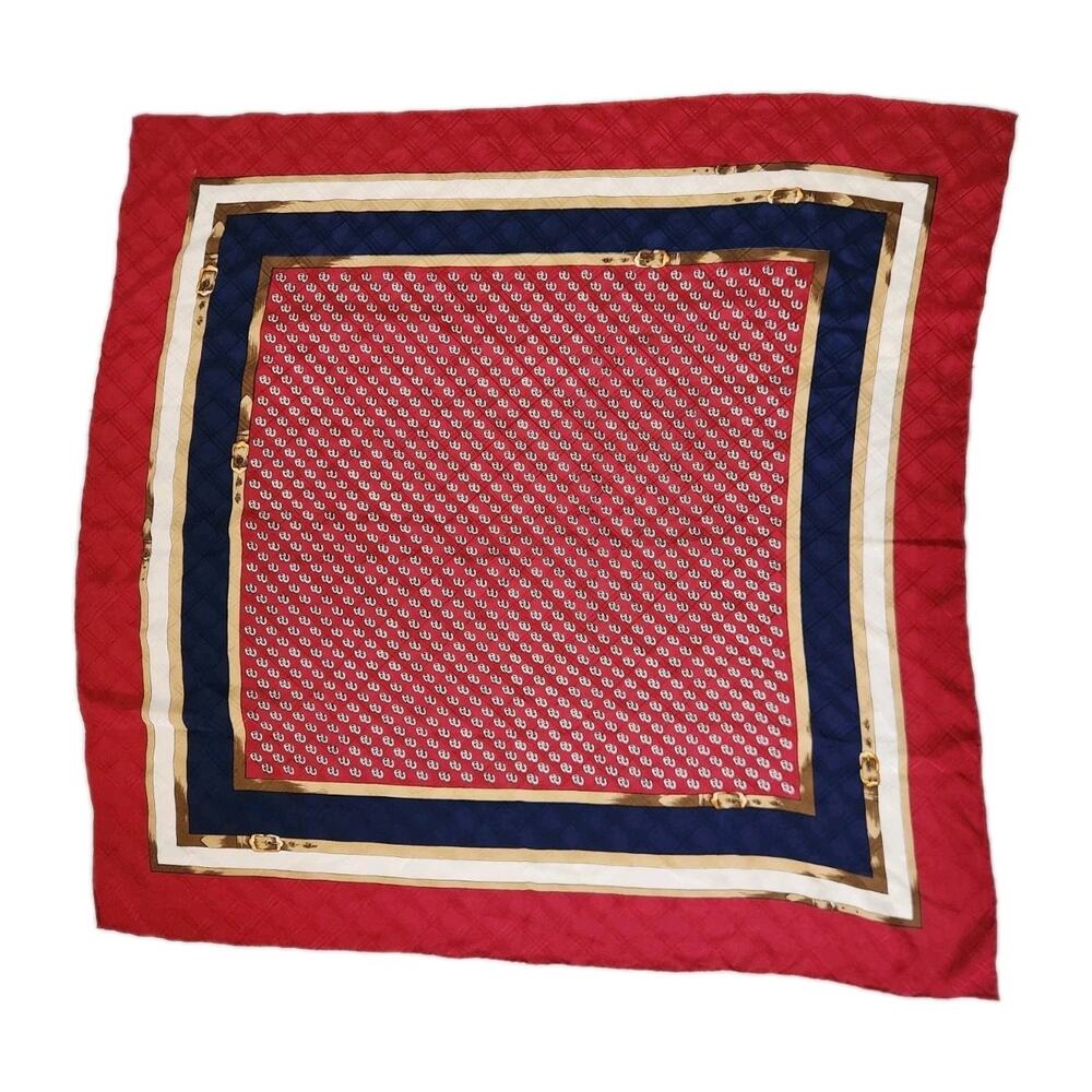 Vintage Style 100% Silk Scarf 30x30 Square Red Navy Equestrian Belt Print Scarf